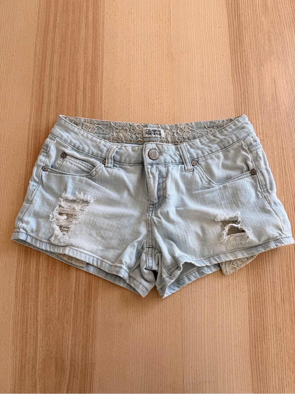 Celebrity Pink Distressed Denim Shorts Size 5 light wash Y2K Low Rise